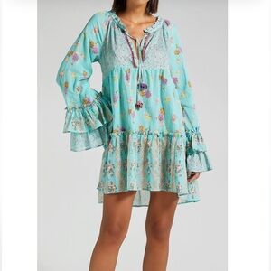 Anjuna Lara Kaftan Floral Print Mini Dress Blue Boho Ruffle Cotton NWT XS